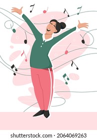Happy smiling woman with raised hands vector flat cartoon illustration. Cute girl surrounded by notes. Love of music, musician, singer character design.
