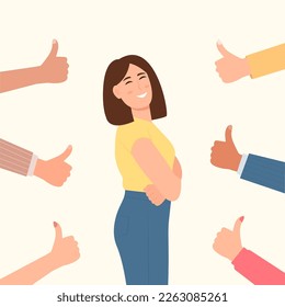 Happy Smiling woman receiving positive thumbs up gestures. Success and respect from the community. The concept of public approval, positive opinion, recognition. Vector illustration