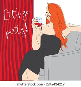 Happy smiling woman relaxing with a glass of red wine. Making a toast. Party time vector illustration.