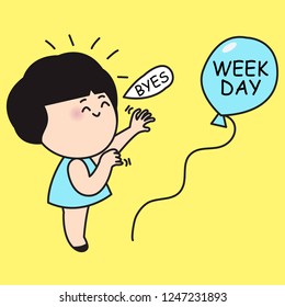 Happy Smiling Woman Release Balloons With Weekday Words On It Up Into The Sky Concept Card Character illustration