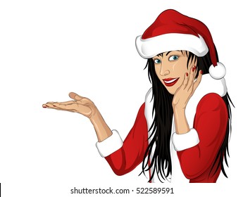Happy smiling woman in santa claus christmas costume and advertising something empty in the hands on white background. Vector illustration. Pop art style