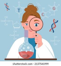 Happy Smiling Woman Scientist With Magnifier And Flask. DNA Gene.Vector Flat Illustration