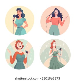 Happy smiling woman singer, rock or pop vocalist singing in microphone. Set of round icons or avatars on white. Cute funny female character