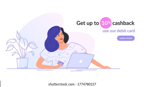 Happy smiling woman sitting with laptop and holding a bank card. Flat modern vector illustration of people who use debit card and get cashback for shopping. Female consumer with credit card on white