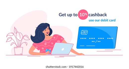 Happy smiling woman sitting with laptop and taking a bank card to get cashback. Flat modern vector illustration of people who use debit card for online shopping. Female consumer with credit card