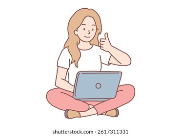 Happy smiling woman sitting on floor with legs crossed working on laptop computer and showing thumbs up sign. Hand drawn style vector design illustrations.