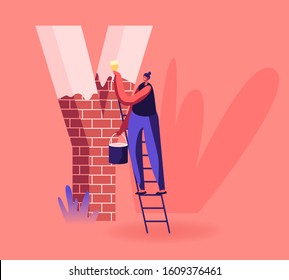 Happy Smiling Woman Stand on Ladder Holding Bucket with Paint and Brush Painting Huge Letter Y Made of Red Bricks. Education, Font Spell, Thank You Word Spelling. Cartoon Flat Vector Illustration