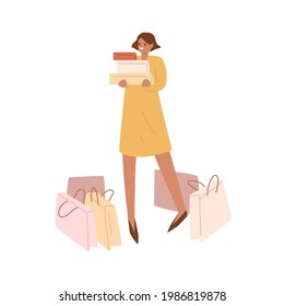 Una mujer feliz y sonriente parada con muchas bolsas de papel de compras alrededor, sosteniendo pilas de cajas. Comprador con regalos. Carácter femenino con compras. Ilustración vectorial plana aislada en fondo blanco