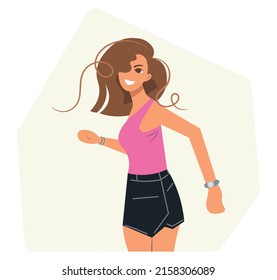 Happy smiling woman. Stylish young flyer girl in sportswear joyfully runs and laughs. Positive attitude, sports, red hair. Vector flat illustration isolated on white background. Informative banner.