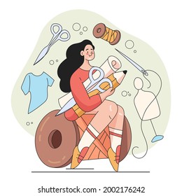 Happy smiling woman tailor dressmaker character. Vector flat cartoon illustration