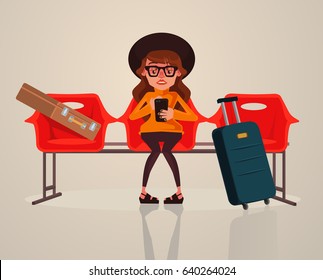 Happy smiling woman tourist character waiting transport in waiting room on station and relaxing using phone internet. Vector flat cartoon illustration