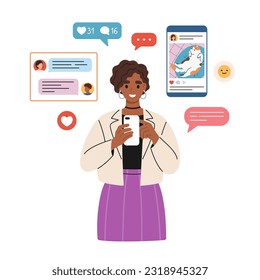 Happy smiling woman using mobile phone, texting and chatting online. Girl with smartphone, surfing internet and using social media app. Flat illustration isolated on white background.