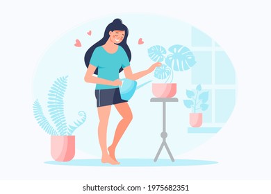Happy smiling woman watering home plants with pink hearts around. Self care, love yourself concept. Take time for your self. Vector flat illustration. Design for banner, landing page, card
