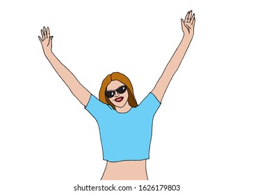 Happy smiling woman wearing sunglasses and raising her hands up on white background. Vector illustration hand drawn.