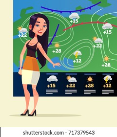 Happy smiling woman weather reporter character. Vector flat cartoon illustration