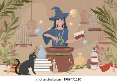 Happy smiling woman in witch hat and blue dress preparing magic poison using book vector flat illustration. Witch interior with cauldron, poison flasks, cages, and black cat. Happy Halloween concept.