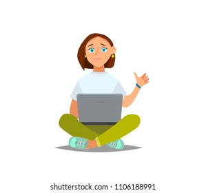 Happy smiling woman working on laptop computer while sitting on the floor with legs crossed. Vector illustration in a flat style.