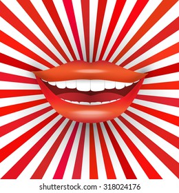 Happy Smiling Woman's Mouth On Red Sunburst Background. Big Smile, Red Lipstick, White Teeth