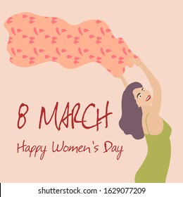 Happy smiling women holds pareo over her head. International womens day greeting card. 8th march concept.