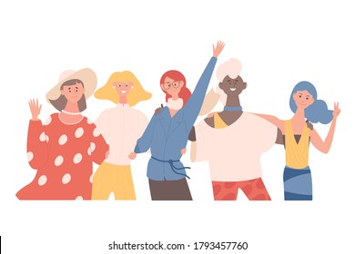 Happy smiling women hugging and waving hands vector flat illustration. Women of different nationalities and cultures standing together. Women friendship, sisterhood, feminism concept.