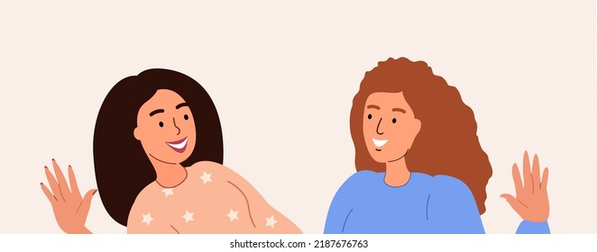 Happy Smiling Women meet each other,say hallo and telling news.Girls friends talking, spreading rumors.Happy girlfriends giggling,chatting.Flat vector illustration isolated on white background