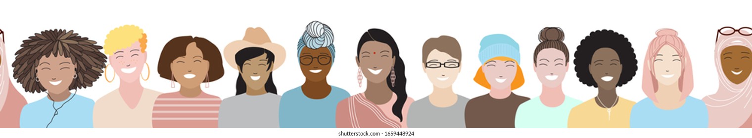 Happy smiling women seamless endless  border pattern Diversity beauty, various races and nationalities, multicultural, multi ethnic female heads and faces. Multinational group team vector illustration