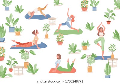 Happy smiling women in sports clothes surrounded by plants in pots and doing yoga, fitness or stretching vector flat illustration. Healthy, sporty lifestyle, summer activities concept.