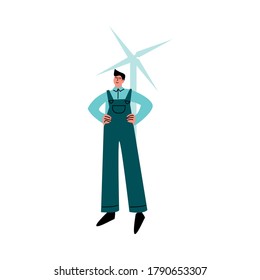 Happy smiling worker in blue pants standing in front of windmill. Vector illustration in cartoon style.
