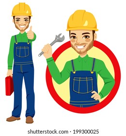 Happy smiling worker holding adjustable wrench wearing blue overall uniform holding tool box and making positive thumbs up hand sign expression