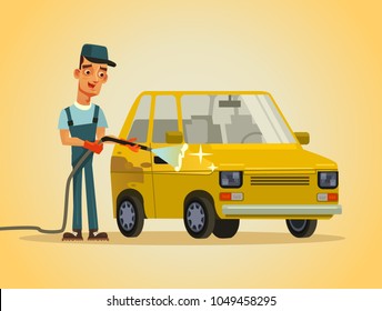 Happy smiling worker serviceman washer man character washing automobile car with hose foam water spray. Auto service station carwash concept. Vector flat cartoon illustration