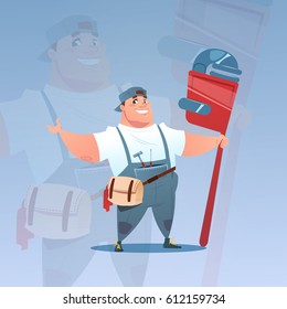 Happy Smiling Workman Holding Big Wrench International Labor Day Concept Flat Vector Illustration