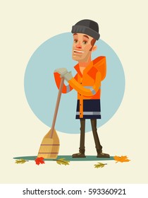 Happy smiling yardman character sweeping leaves. Vector flat cartoon illustration
