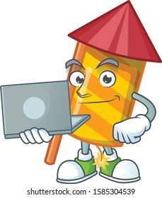 Happy smiling yellow stripes fireworks rocket cartoon character working with laptop
