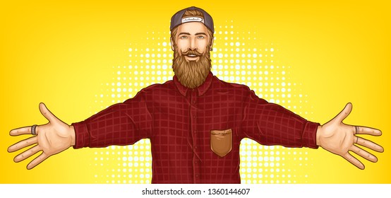 Happy smiling, young, bearded hipster caucasian man in red checkered shirt and cap raising hands for hugging or embraces pop art vector illustration on yellow dot background. Positive emotions concept