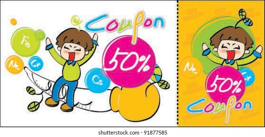 Happy Smiling Young Boy with Discount Coupon for Scientific Event