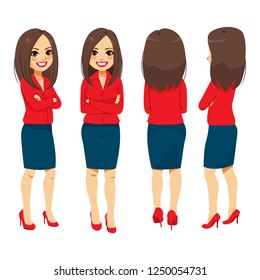 Happy smiling young confident adult businesswoman from different angle view