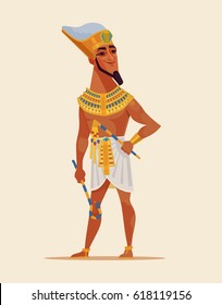 Happy smiling young Egyptian Pharaoh dressed golden clothes. Vector flat cartoon illustration