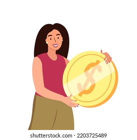 Happy Smiling Young Female Character Holding Huge Golden Coin.Concept Of Financial Wealth,Money Accumulation,Savings,Wealthy Life,Joyful Grandparents.Cartoon People Vector Illustration