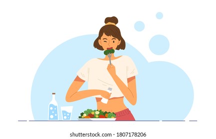 Happy smiling young female eating healthy organic food and drinking pure water as a morning breakfast. Well-being lifestyle, Healthcare, salad, clean food, cartoon of ads. Flat vector illustration.