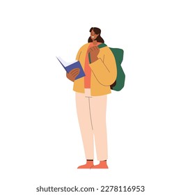 Feliz sonrisa de una joven estudiante leyendo un libro mientras estaba de pie con una bolsa aislada en el fondo blanco. Mujer adolescente inteligente que disfruta de estudio y aprendizaje. Ilustración vectorial de caracteres de dibujos animados