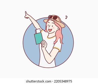 jovencita sonriente feliz con pasaporte y boletos de viaje. Ilustraciones de diseño vectorial de estilo dibujado a mano.