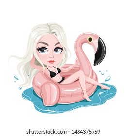 Happy smiling young girl in a swimsuit, sitting on an inflatable flamingo in a swimming pool.Vector.