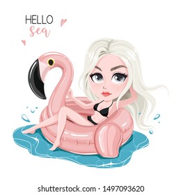 Happy smiling young girl in a swimsuit, sitting on an inflatable flamingo in a swimming pool.Vector.