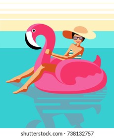Happy smiling young girl in a swimsuit, glasses and a hat sits on an inflatable pink flamingo in the pool. Retro style. Pop art. Summer concept. Vector illustration