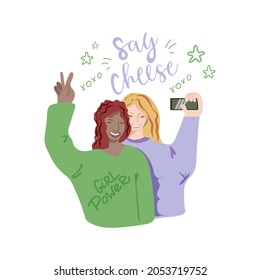 Happy smiling young girlfriends taking selfie photo vector illustration. Girlfriend taking a selfie.