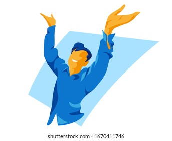Happy smiling young guy with hands up in the air - Vector