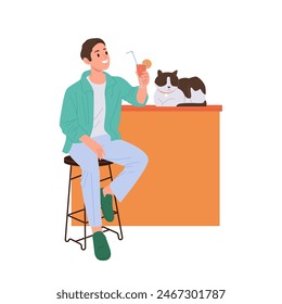 Feliz sonriente joven aislado personaje de dibujos animados bebiendo jugo en el café pasar tiempo con el gato