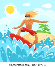 Happy smiling young macho man boy character is riding surfing. Holiday vacation relax summer time and sunny days sea water wave surfboard concept. Vector flat cartoon illustration