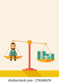 A happy smiling young male sitting on a balance scale with a money bill. Comparison concept. A Contemporary style with pastel palette, soft beige tinted background. Vector flat design illustration