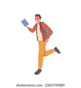 Happy smiling young male student with book and backpack running fast being late on lesson